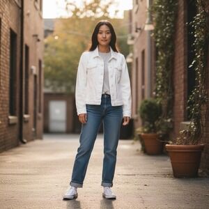 Paige Distressed Women's M Denim Jacket. Relaxed Fit White Trucker